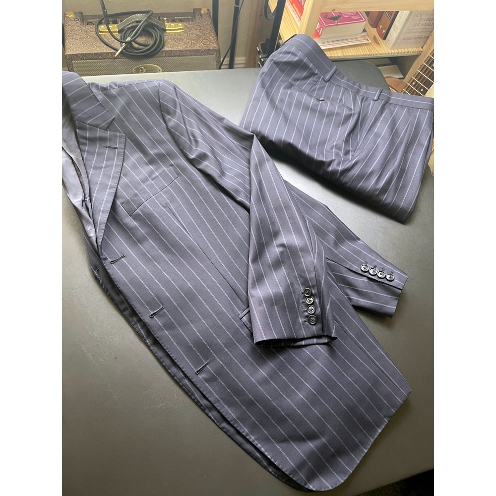 Vitale Barberis Canonico Wool Italy Navy Pinstripe 2pc suit 46R pants 36x29